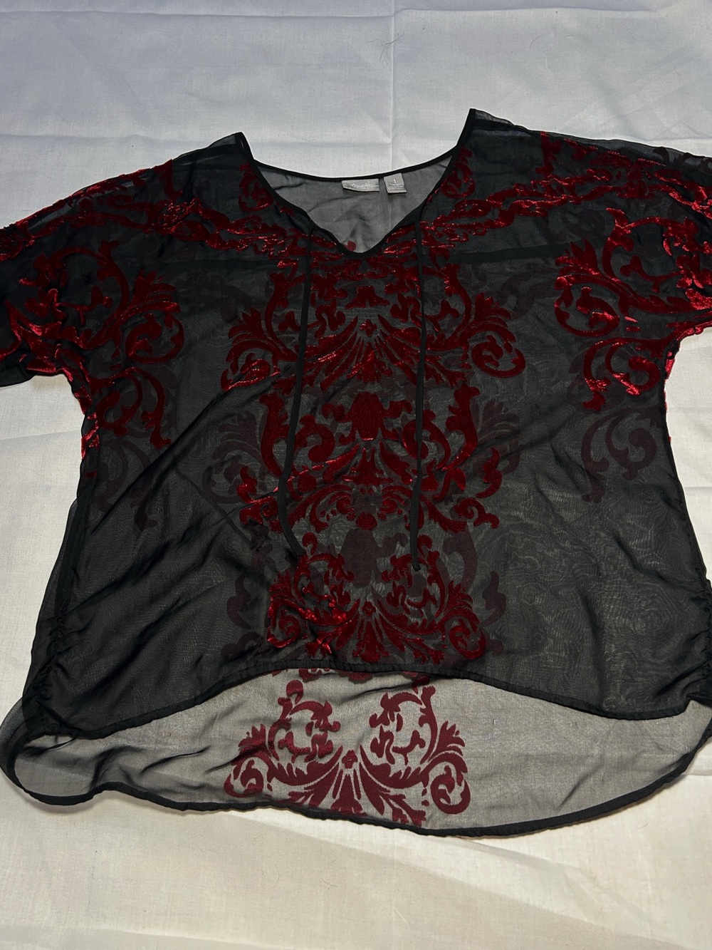 Black Sheer and Red Velour Romantic Vampy Whimsigoth  Travelers by Chico’s Top